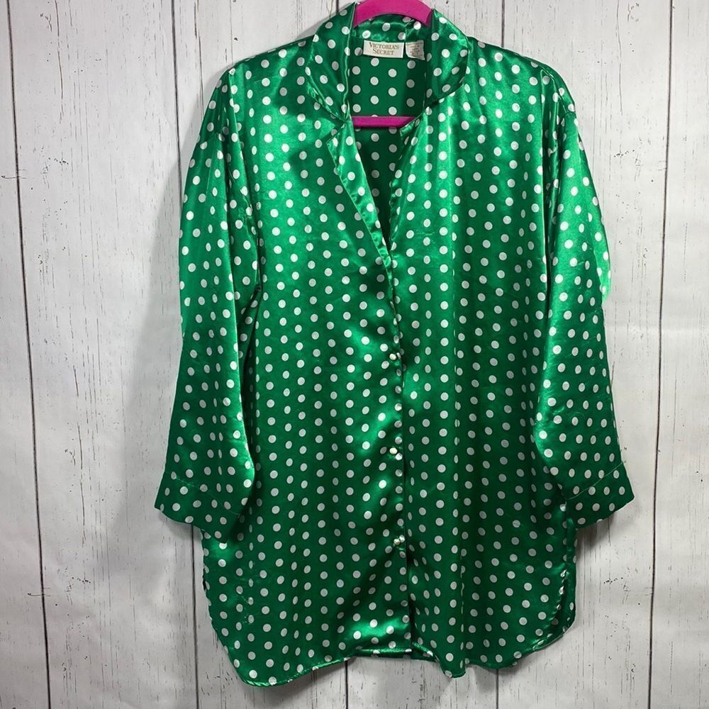 Vintage Victorias Secret Satin Pajama Top Gold Label Green Polka Dot Button Down